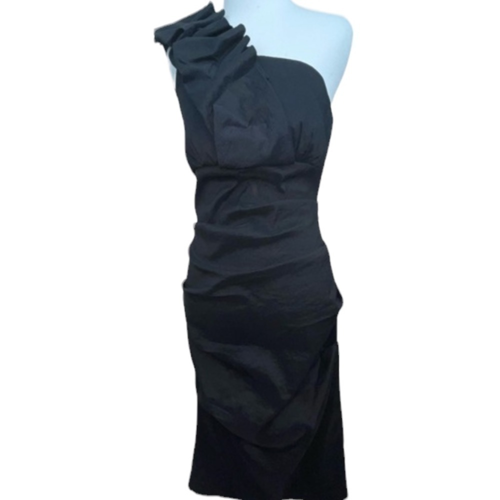 Betsey & Adam Black One Shoulder Cocktail Midi Dress Sz 2
